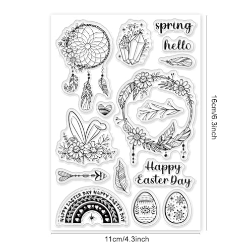 Easter Egg Clear Stamp Reusable Dream Catcher Stamp Leaves Wreath Silicone Stamps Boho Easter Words Rubber Stamps for Easter Card Making Journaling Scrapbooking DIY Cards Album - color: Bohemian Easter