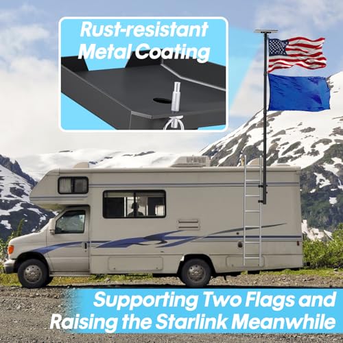 RV Flag Pole Kit 10 FT Telescoping, Starlink Gen 3 Standard Mount | Adjustable Heavy Duty Aluminum Flagpole, 2-In-1 RV Ladder Holder Kit, Supports Two Flag and Starlink Gen 3 Standard, Portable - size: Mount+telescoping flag pole+Starlink