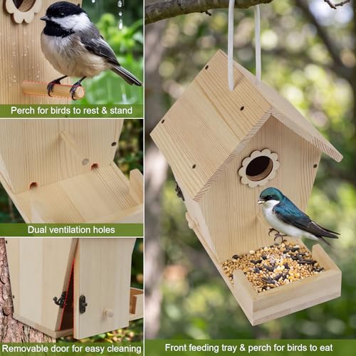 Bird House for Outside Hanging, Wooden Bird Houses for Outdoors with Feeding Tray, Bird Nesting Box for Garden Patio Tree Fence, Easy Clean Birdhouse with Hanging Rope for Small Wild Birds