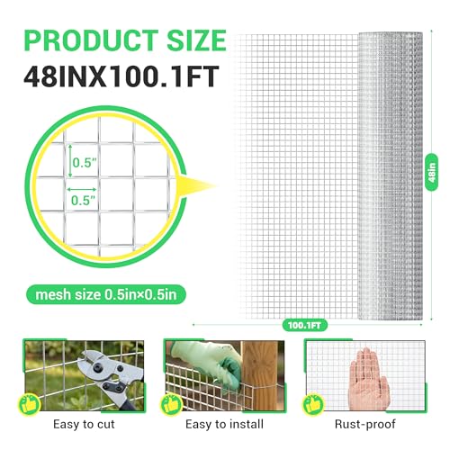 Land Guard Hardware Cloth 1/2 Inch 48inx100.1ft 19 Gauge Square Chicken Wire Fence Mesh Roll Raised Garden Bed Plant Supports Poultry Netting Cage Snake Fence… - size: 1/2inch 48inch×100.1ft