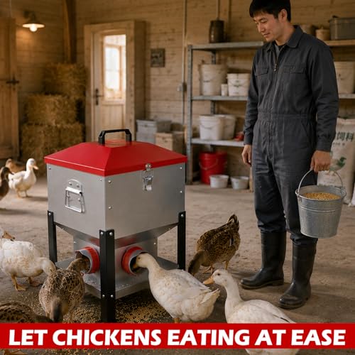35LB Large Automatic Chicken Feeder- 4 Ports Metal Chicken Feeders, Dual No Waste Design with Locking Lid & Riveted Handles, Rainproof Poultry Feeder for Chickens, Ducks, Geese