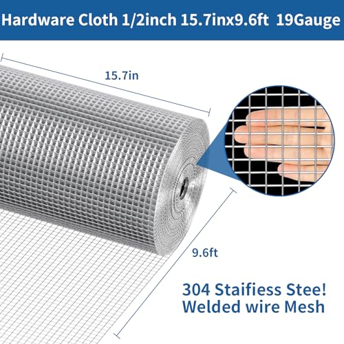 304 Stainless Steel Hardware Cloth 1/2 Inch Chicken Wire Fence | Welded Wire Mesh Roll for Garden Protection, Rabbit Cage, Squirrel Barrier, Plant Support and DIY Projects (15.7in×9.6ft) - size: 1/2inch 15.7in x9.6ft