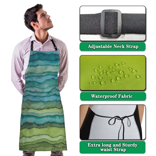 Garden Apron for Women Blue and Green Waves Cute Aprons for Men for Kitchen Cooking Restaurant BBQ Painting Crafting Gardening 27” (W) x 31” (H), Waterproof Apron - color: Blue and Green Waves