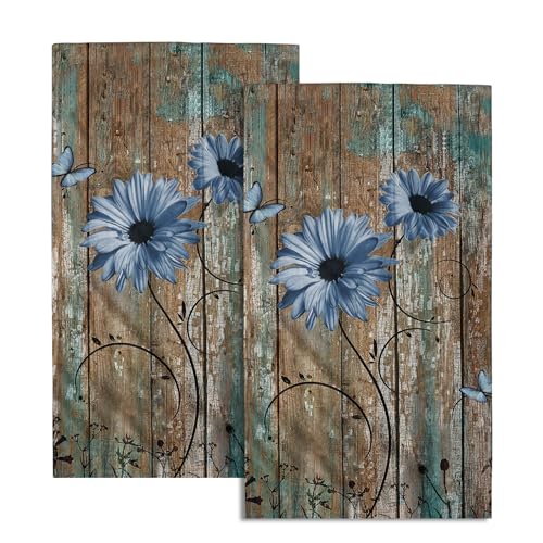 Giwawa Rustic Barn Sunflower Wooden Hand Towel 15x30 Set of 2, Fall Blue Daisy Flower Plank Fingertip Towel Retro Board Face Towel Country Barnwood Washcloth for Bathroom Farmhouse Log Cabin - color: Board Daisy Blue