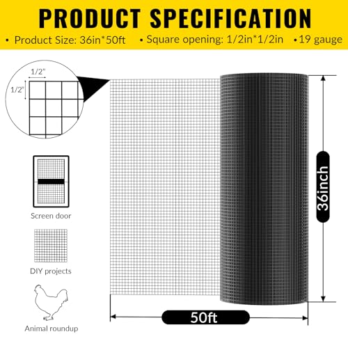 Hardware Cloth 1/2 inch 36 x 50 ft Heavy Duty Black Chicken Wire Fencing 19 Gauge Vinyl Coated Welded Wire Mesh Roll PVC Hardware Cloth Chicken Wire Fencing Garden Fence Tree Guard - color: Black, size: 36 x50 1/2inch