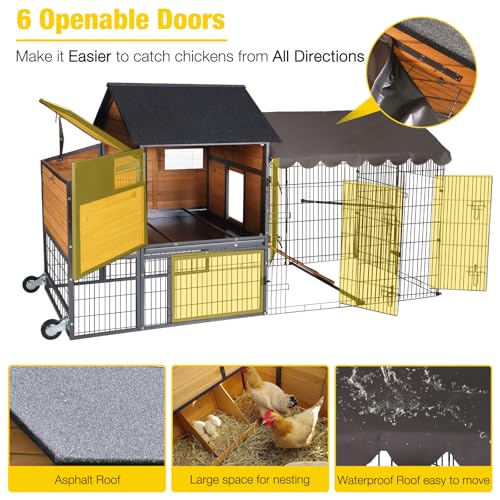 AIVITUVIN Chicken Coop Mobile for 6-8 Chicken Large Chicken House with Metal Frame Chicken Tractor with Wheels Wood Hen House Poultry Cage - size: 85.6"L x 40.6"W x 48.2"H