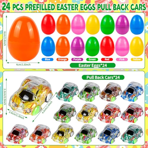 Seifar 24 Pack Prefilled Easter Eggs Filled with Pull Back Cars, Eggs with Toys Inside, Easter Hunt Basket Stuffers Party Favors Classroom Prizes Gift for Kids Girls Boys - style: mini