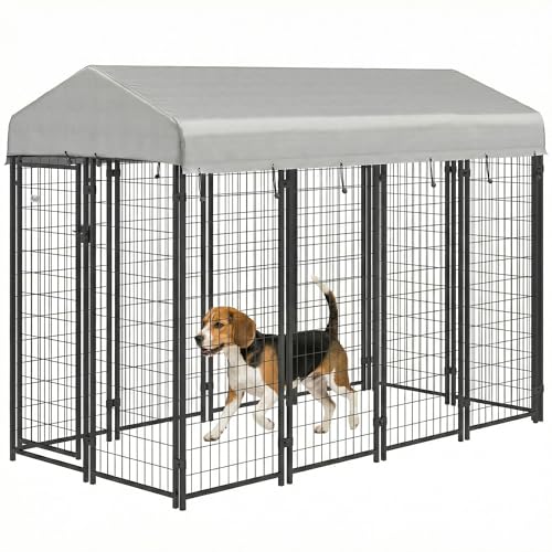 PawHut Outdoor Dog Kennel with Roof for Medium Dogs 8' x 4' x 6' Silver | Heavy Duty Welded Wire Dog Playpen Enclosure, Escape-proof Lock, UV-Resistant & Waterproof Cover, for Chickens, Ducks - size: 96.0"L x 48.0"W x 72.0"H, style: Single Room