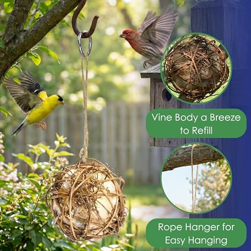 Alpaca Wool Bird Nesting or Feeding Ball | Vine Ball Filled with Real Alpaca Fiber, Not Synthetic Filler - Refill with Nesting Material or Suet for Year-Round Use