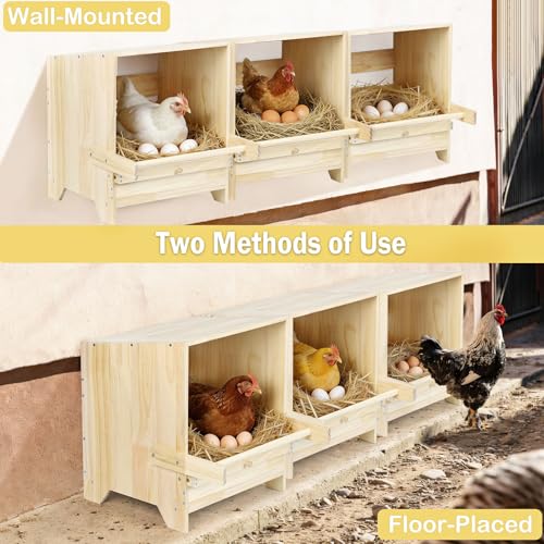 3 Compartment Chicken Nesting Box with Perches, Wooden Egg Laying Box Hens | 3 Packs, Floor / Stand / Wall Mount, Pull-out drawer, easy to get eggs, Easy Install / Clean, For Hens / Ducks / Chickens