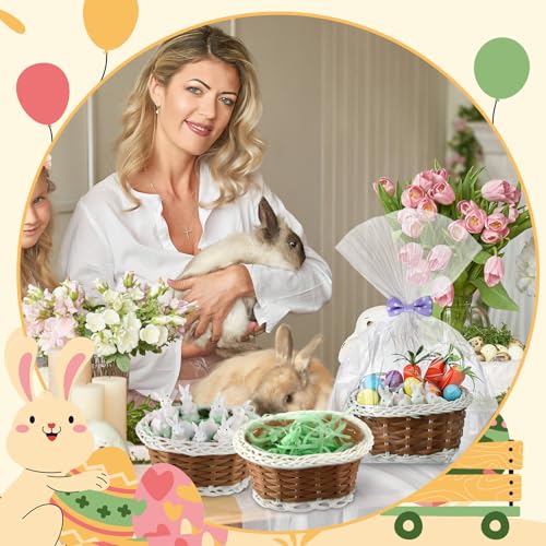 Cinnvoice 24 Sets Mini Easter Party Favor Supplies, Mini Easter Baskets with Eggs, Bunnies, Carrots, Grass & Opp Bags for Spring Egg Hunts, DIY Crafts (Brown) - color: Brown