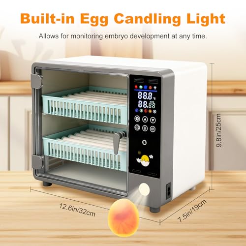 24 Egg Incubator Auto Turner Water Control Adjustable Tray Candler | Auto Temp Humidity Control, Built-in Egg Candler Light, Fits Chicken Duck Quail Pigeon Eggs, High Hatching Rate