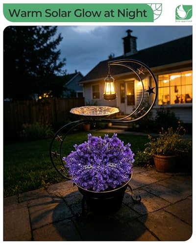 Solar Bird Bath with Flower Planter, S-Shaped Standing Garden Decor | Solar Glow, Hummingbird Embossed Bowl, 2-Tier Planter, Weather Resistant Metal, Garden Patio Accent