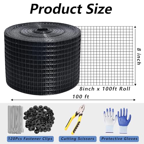 Critter Guard for Solar Panels, 8 in x 100 ft Solar Panel Bird Guard Mesh | 1/2 in PVC-coated solar mesh kit with 120 fasteners, scissors and gloves; black pigeon guard for solar panels. - size: 1/2inch x 8in X 100ft