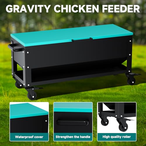 Heavy Duty Chicken Feeder 120 lbs Large Capacity, Metal Automatic Poultry Feeding Box with Waterproof Lid, Raised Standing Feeder with Wheels for Hens & Roosters, Portable & Easy to Move
