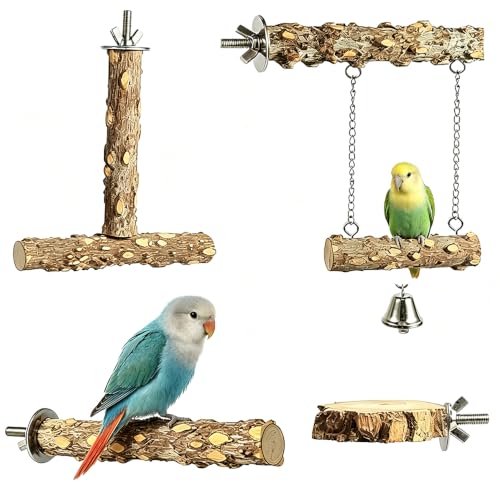 4-Piece Bird Perch Set for Cage, Natural Wood Bird Cage Accessories, Hammock Swing, Parrot Climbing Standing Branches, Durable Cockatiels,Conure,Lovebird, Budgie Toys