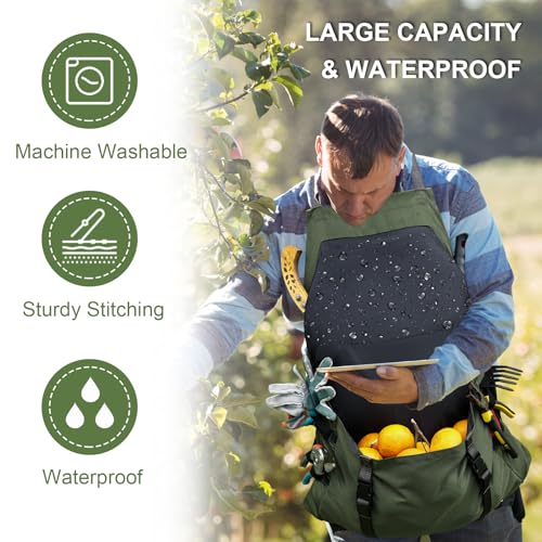 Gardening Apron Waterproof Cross Back Apron, Extra 600D Heavy Duty Apron Harvest and Large Quick Release Pockets - color: Green, size: Medium