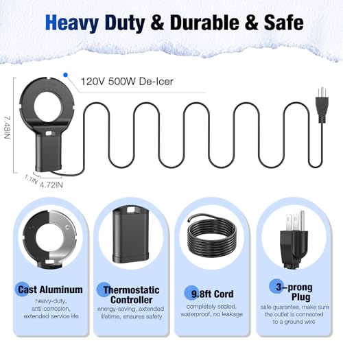 500W Utility De-Icer with Thermostat, Durable Cast Aluminum Submersible Water Heater for Bird Bath, Chicken Water, Livestock Tank, 9.8ft Cord, Black - size: 500W