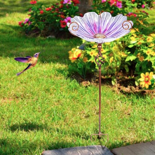 Glass Birdbath Birdfeeder with Metal Stake Garden Outdoor Purple | 31inch height stain glass bird bath for outside,Purple flower bird bath bowl,attract wild birds and beautify outdoor gardens - color: Purple