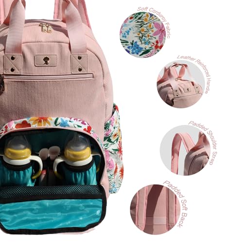 Diaper Bag Backpack Corduroy Multifunction Baby Fashion Travel Pack office Laptop Bag - color: Pink Flower