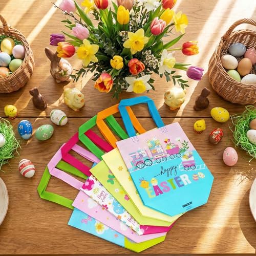 SUNCOLOR Easter Gift Bags, 6 Pack Non-Woven Tote Bags with Bunny Design, 9x9x4.7 Inch, Reusable Party Supplies for Kids Egg Hunt Games