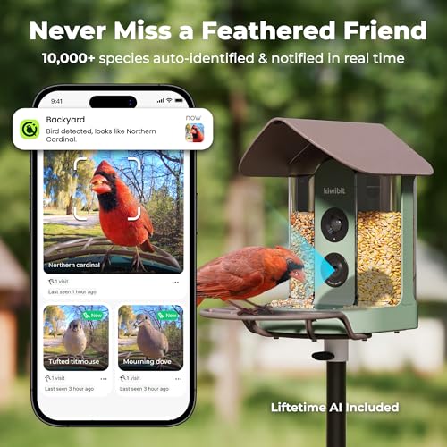 Smart Bird Feeder with 4K AI Camera Solar Powered, No Subscription | Lifetime AI Identification Bird Species, 4K Live Stream, 8MP Photos, Real-Time Bird Visit Alert, Backyard Birdwatching Gift - color: Brown
