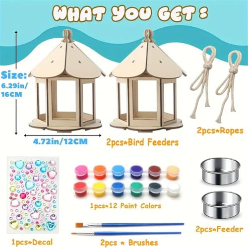 Ornaous 2 Pack Unfinished DIY Bird Feeder Kits for Kids to Build and Paint | Wooden Feeder and Painting Set, Wood Art Crafts Project, Outside Hanging Decor, Boys Girls Party Activities Supplies