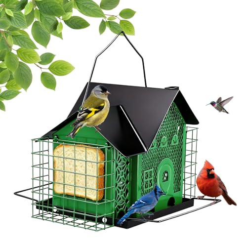 Outdoor Hanging Bird Feeder Large Capacity Durable and Sturdy Decorative Metal Bird Feeder Green and Black Two-Tone Waterproof Design with Sloped Tray Easy-Fill Wild Bird House (Green)