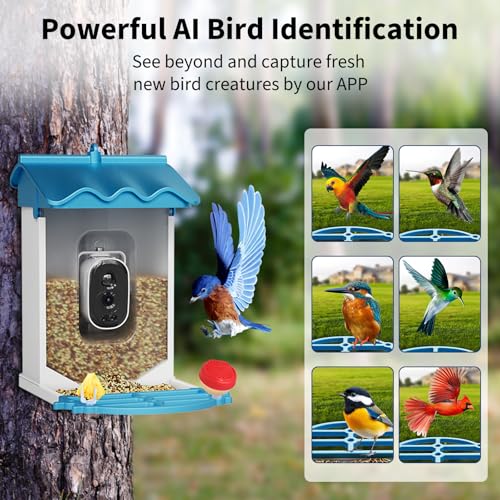 GarveeLife Smart Bird Feeder,2L Capacity,with 4K Camera & AI Recognition | Solar Powered, , Night Vision, App Alerts, Auto Capture Photos/Videos for Bird Watching - color: Blue