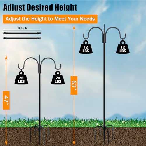 Small Shepherds Hook 63" Double Hooks Adjustable (47/63") - Alloy Steel 5-Prong Base, 12lb Capacity - Easy Assembly Bird Feeder Pole for Hanging Planters, Lanterns, Wind Chimes - color: 1-Pack, size: 63" Double Hook