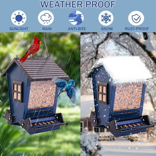 LSCQYYCCSquirrel Proof Bird Feeders for Outdoors Hanging, 5LB Capacity Metal Wild Birdfeeders Outside Hanging,Large Feeder That Attracts Cardinals, Chickadees, and More Birds-One in Blue - color: Blue