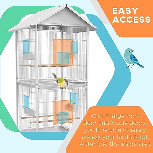 PawHut Wrought Metal Bird Cage Feeder with Rolling Stand Doors 67" H White | Perches, Food Containers, Wheels