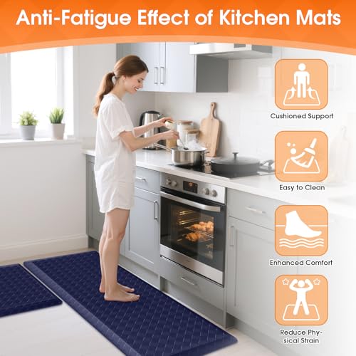 TranquilRelax 4/5 Inch Cushioned Anti Fatigue Kitchen Mats for Floor, Blue | 2PCS Kitchen Rugs, Non-Slip Standing Desk Mat, Comfortable Standing Rug Set for Kitchen & Laundry, 17.3"×30"+17.3"×47" - color: Blue, size: 2-Piece | 28"+47" | Extra Thick