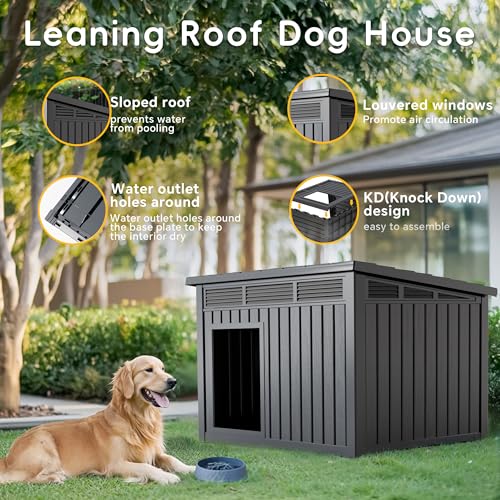 Durable Waterproof Resin Dog House,Indoor Outdoor Doghouse for Small to Large Dogs,Dog Kennel with Air Vents and Elevated Floor,Easy to Assemble and Clean(Black 42.87 * 32.95 * 31.61) - style: Black