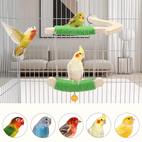 Litewoo Bird Swing Perch Stand Parrots Chewing Toy for Parakeets Cage, M | Natural wood & green hemp rope, chew/swing/stand toy, balance & exercise for small-medium bird/budgies/conures/lovebirds - size: M