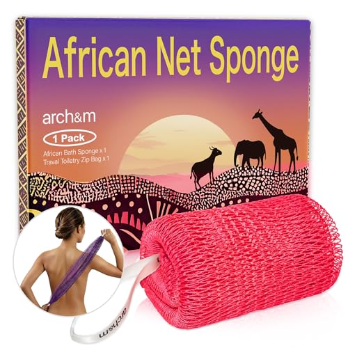 ARCH&M Authentic African Net Sponge Extra-Long 53" Back Scrubber | Quick-Dry Exfoliating Shower Loofah, Smoother Skin For Women and Men Daily Use, Soft Mesh for Sensitive Skin - color: Pink