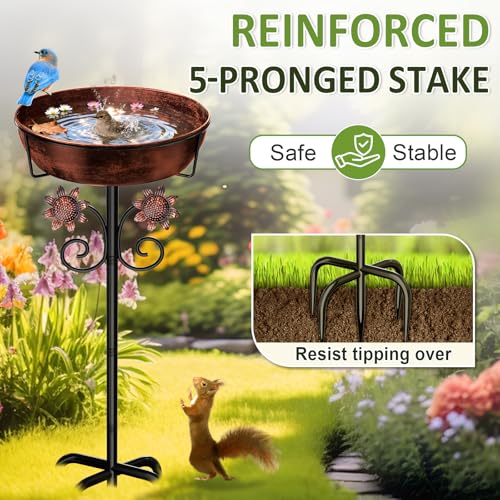 3" Deep Metal Bird Bath for Outside, Removable 12" Dia Vintage Bird Baths Bowl for Outdoors with Stable 5-Prong Stake, 37" H Freestanding Birdbath for Garden Patio Yard Lawn (Brush Bronze)
