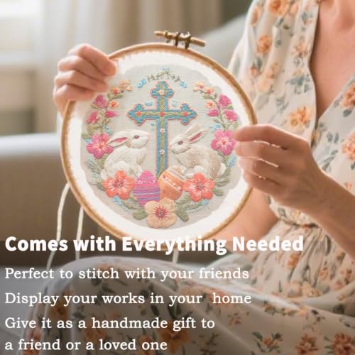 FONNUY Easter Rabbit Floral Cross Embroidery Kit, Easter Egg Happy Rabbits Bunny Stamped Pattern Kits for Audlt Beginners, Hand Works Crafts, 8 x 8'' (Happy Bunny 01) - color: Happy Bunny 01