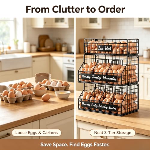Egg Holder Countertop, Large 3T Chicken Egg Basket for Gathering Fresh Eggs | Egg Storage Organizer with Adjustable 5 Divider & Label, Stackable Wall Mounted Egg Collecting Basket Rack, XXL Black - color: 3T XXL Black