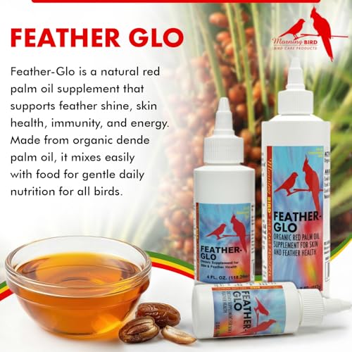 Morning Bird Feather Glo 4 oz – Cold Pressed Red Palm Oil - Natural Vitamin A & E Supplement for Birds – Supports Feather Shine, Skin Health & Immunity – Vitamin & Energy Boost for All Bird Types | A & E Vitamin Supplement for All Birds – Supports Feather