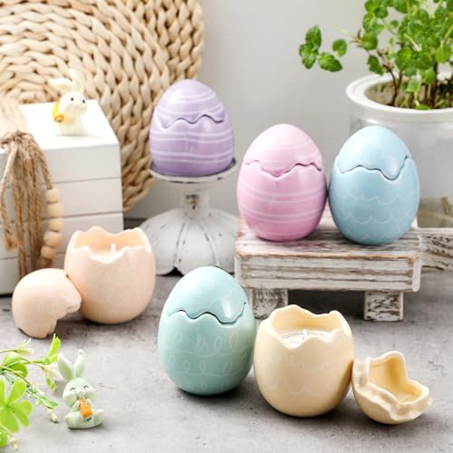 Sumind 6 Pcs Easter Egg Shaped Scented Candles Gifts Pastel Vanilla Scented Easter Burning Candles with Lids Decorations Gifts for Women Spring Holiday Birthday Home Party Decor