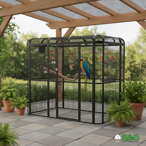 A&E Cage Co WI8662 Walk-in Bird Aviary for Parrots, 86"x62"x79" Black | Key-Lock 69"x25" Front Door, 3 Feeder Doors, Stainless Steel Bowls, Powder-Coated Finish, Room for Large Parrots - size: 86.0"L x 62.0"W x 79.0"H