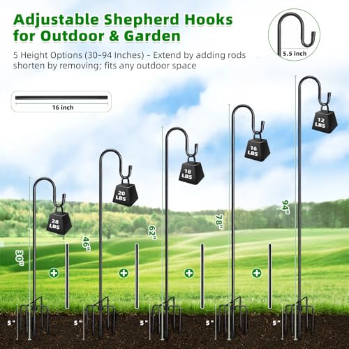 94" Heavy Duty Shepherds Hooks for Outdoor, Bird Feeder Pole with 5 Prong Base, Adjustable Height Shepherds Hook for Hummingbird Feeder, Bird Feeder, Plant, Wind Chimes,Lanterns,Wedding Decor (1 Pack) - color: Black, size: 94 inch