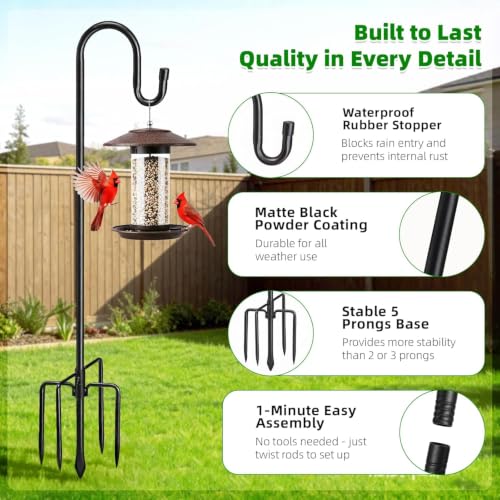 COCONUT 62" Shepherds Hooks for Outdoor, Bird Feeder Pole with 5 Prong Base, Adjustable Height Shepherds Hook for Hummingbird Feeder, Bird Feeder, Lightweight Plant, Wind Chimes, Lanterns (2 Pack) - color: Black, size: 62inch - 2 Pack