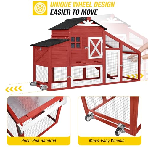 Aivituvin Chicken Coop Mobile Chicken House on Wheels, Rabbit Hutch Bunny Cage Expandable Wooden Poultry Cage with Large Nesting Box Leakproof Pull-Out Tray,UV-Resistant Roof (Red, AIR32) - color: Red, size: AIR32