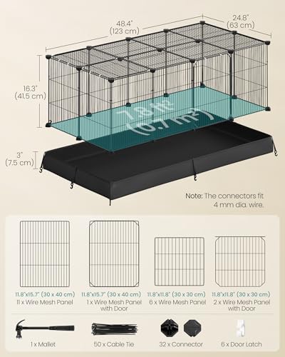 SONGMICS Guinea Pig Cage, Rabbit Cage, Small Animal Playpen with Waterproof Mat, Top and Side Door, 20 Panels, 48.4 x 24.8 x 16.3 Inches, Ink Black ULPI012BH01 - color: Ink Black, style: 20 Panels - 48.4"L x 24.8"W x 16.3"H