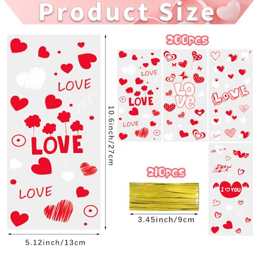 Lhocm Valentines Cellophane Treat Bags, Valentines Candy Bags, Valentines Goodies Bags, 200pcS Valentines Cello Bags with Ties, Valentines Gift Bags for Valentines Day Party Supplies - color: Red Valentines 200pcs