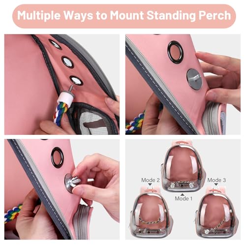 Bird Backpack Carrier, Travel Bird Cage for Small Medium Size Parrot Parakeet Budgies Cockatiel, Portable Clear Bubble Window Bag with Stainless Steel Tray Food Bowl Standing Perch (Pink) - color: Pink