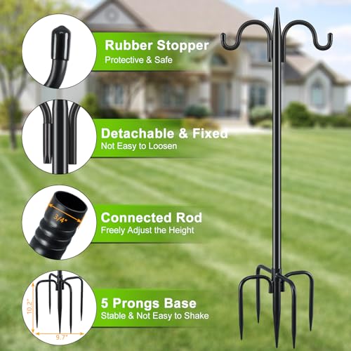 Gtongoko Bird Feeder Pole for Outdoors Heavy Duty, 2 Pack 92 Inch Double Shepherds Hook with 5-Prong Stable Base, 3/4 Inch Thick Hummingbird Feeder Stand for Hanging Plants, Lanterns - size: 92 Inch