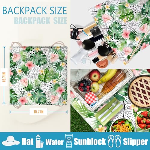 2 in 1 Beach Towel Bag Green Tropical Leaf Beach Backpack Towel - color: Tropical Leaves Green